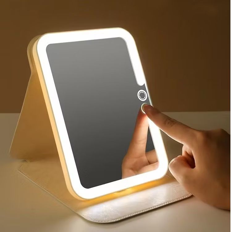 Espelho Decorativo Led Maquiagem Estética Recarregável Quadrado Capa De Couro