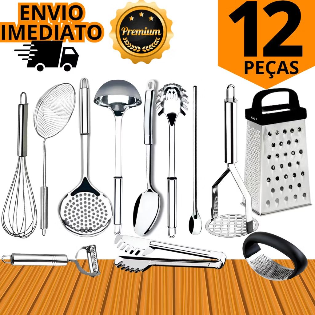 Kit 12 Peças Utensílio 100% Inox Fue Concha Colher Arroz Escumadeira Utensilio Para Cozinha Restaurante Lanchonete