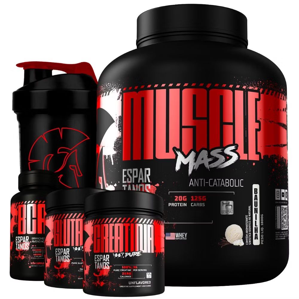 Kit Suplemento Hipercalórico Muscle Mass + Bcaa 311 + Creatina + Glutamina + Shaker - Espartanos