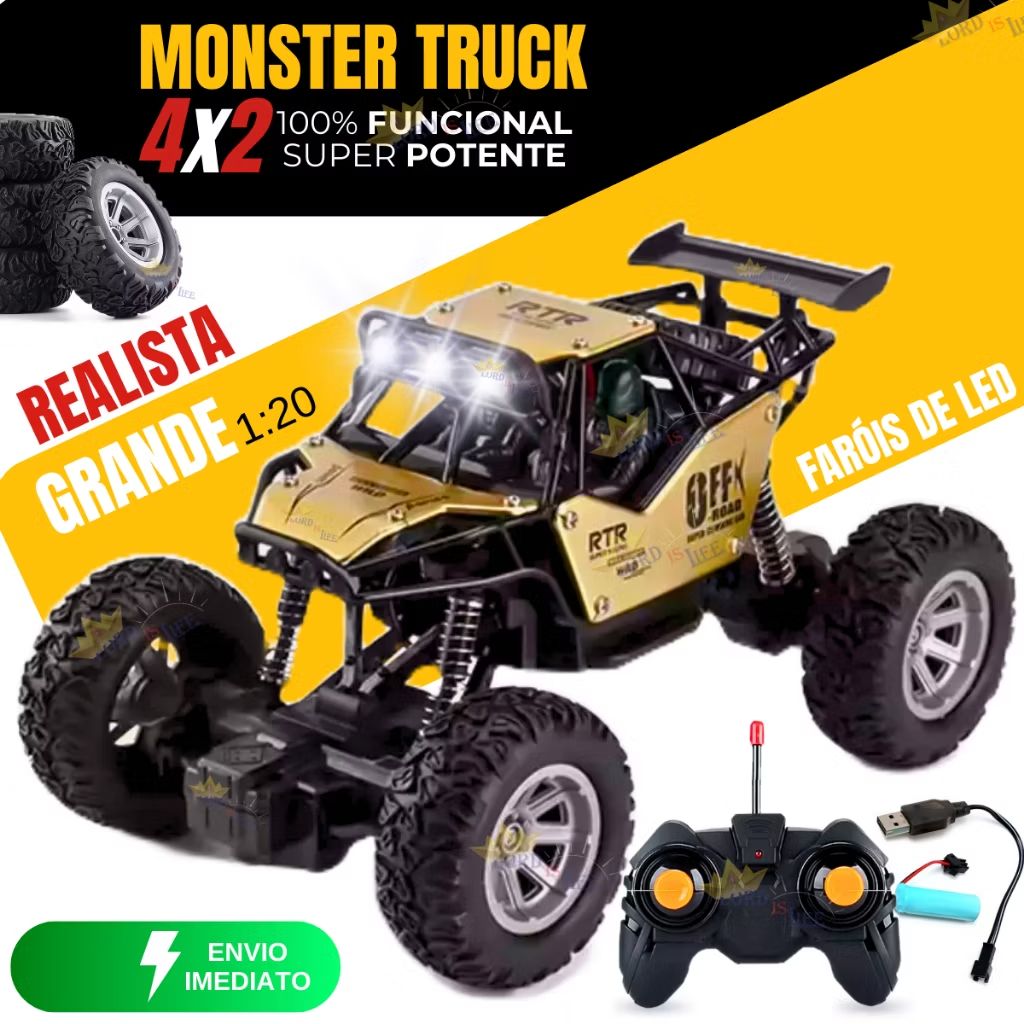 Monster Truck Grande Com Luz Carrinho de Controle Remoto 4x4 Off Road - Brinquedo de Menino